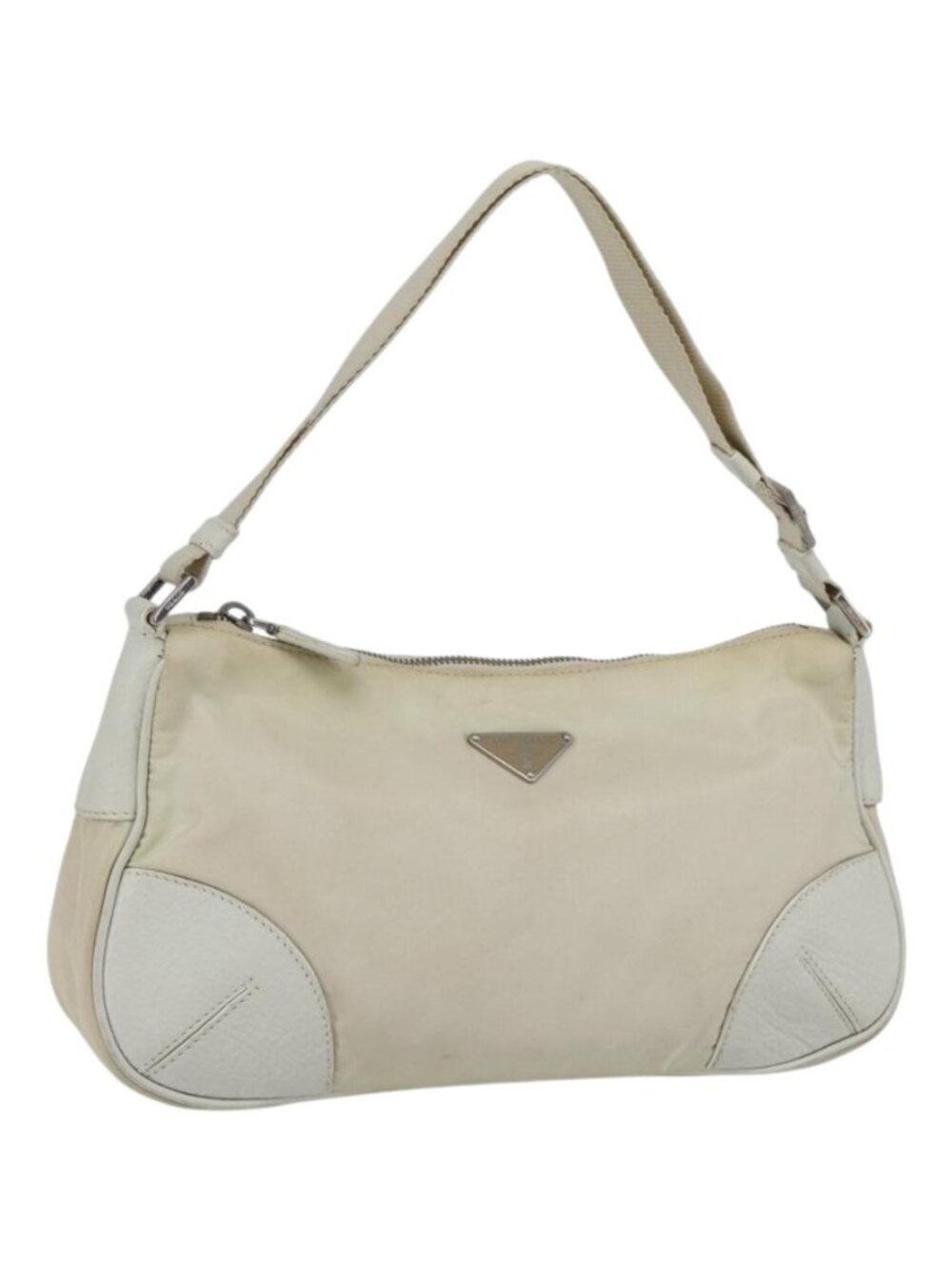 PRADA Shoulder Bag Nylon Leather Ivory Silver